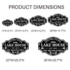 Custom metal lake house sign with family name, trees, paddles, and chairs design, black powder-coated steel, personalized outdoor cabin wall decor.