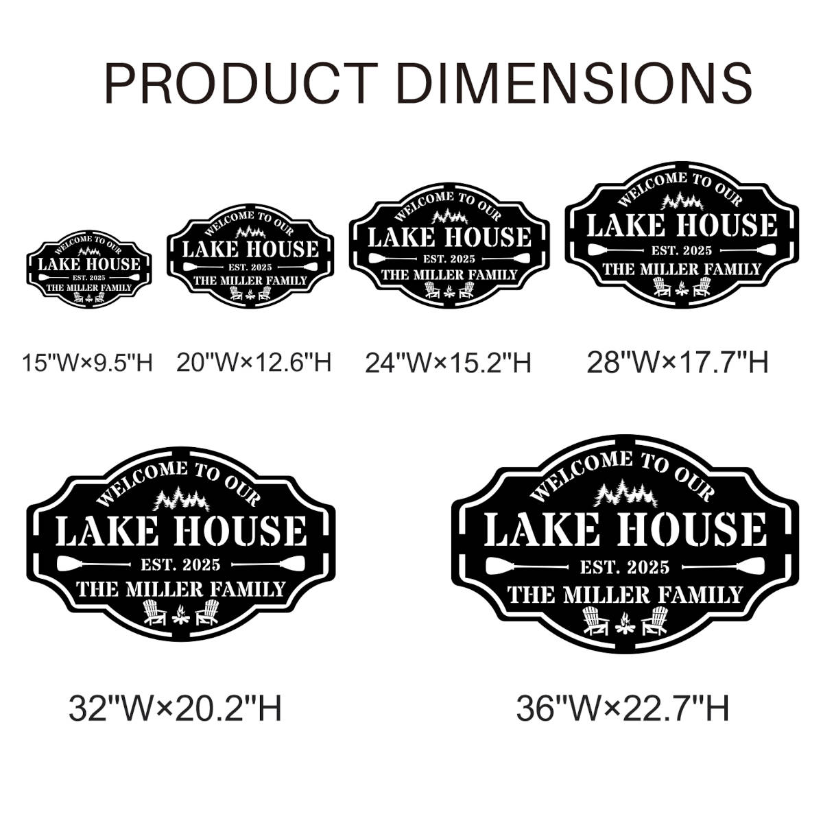Custom metal lake house sign with family name, trees, paddles, and chairs design, black powder-coated steel, personalized outdoor cabin wall decor.
