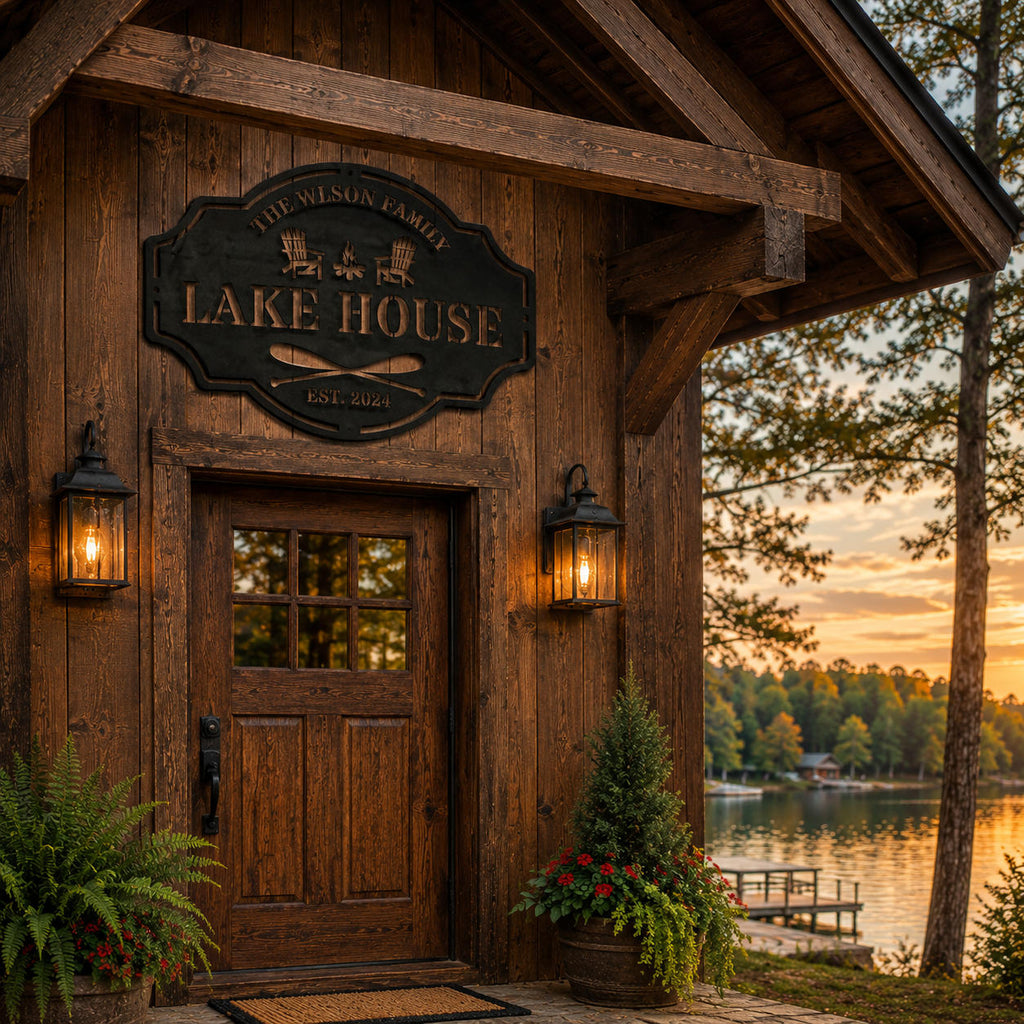 Personalized metal Lake House sign mounted above the entrance of a rustic lakeside cabin with warm wooden walls and lake views.
