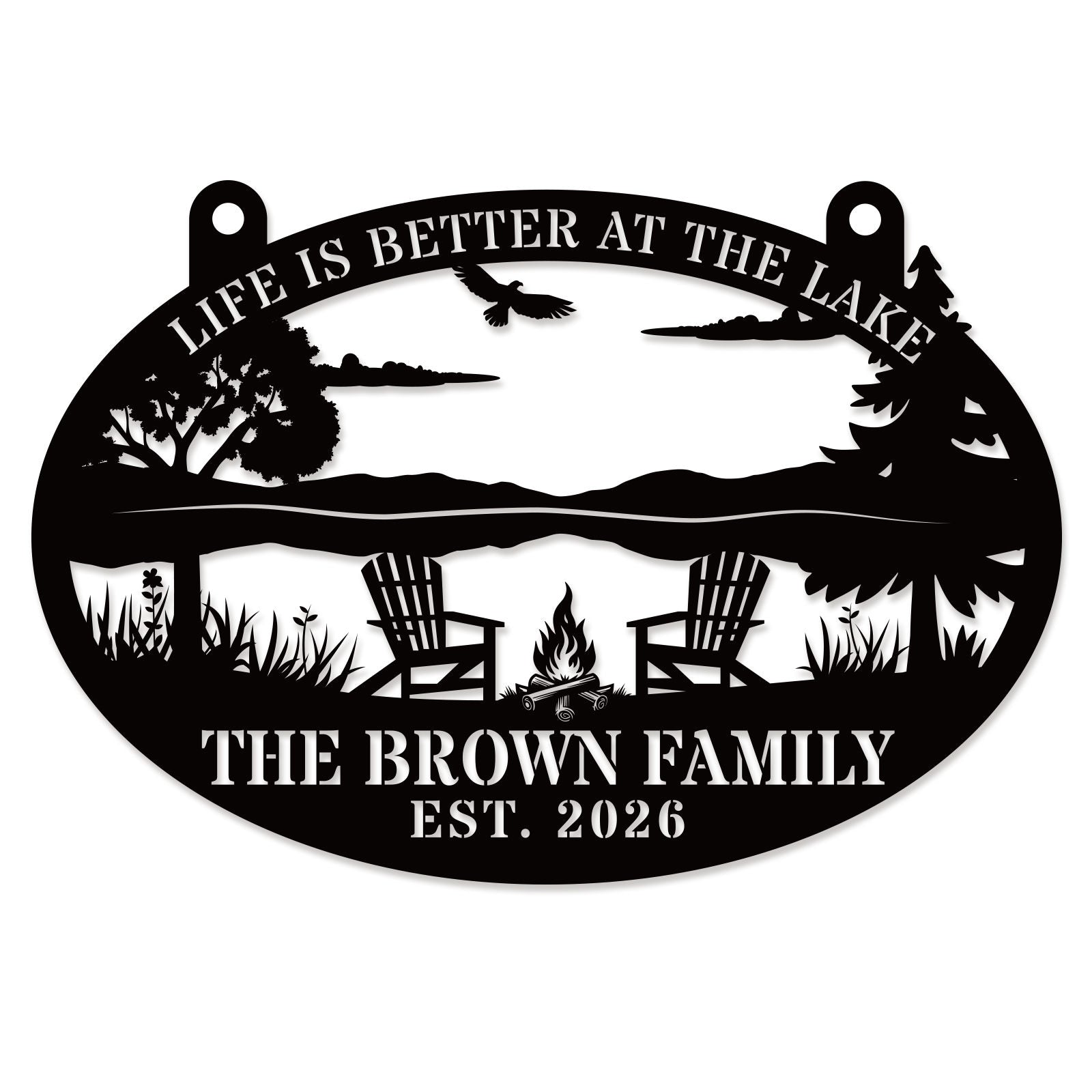 Black laser-cut steel oval lake sign reading "Life is Better at the Lake" with soaring eagle, lake scene, Adirondack chairs, campfire, and pine trees, personalized with "The Brown Family" and EST 2026 — custom lake house metal wall art