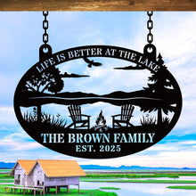 Custom metal lake sign with Adirondack chairs and campfire, personalized family name and established year, laser cut outdoor wall decor