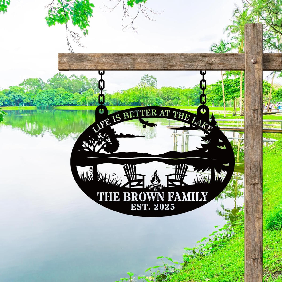 Custom metal lake sign with Adirondack chairs and campfire, personalized family name and established year, laser cut outdoor wall decor