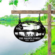 Custom metal lake sign with Adirondack chairs and campfire, personalized family name and established year, laser cut outdoor wall decor