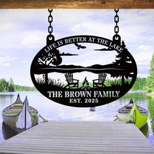 Custom metal lake sign with Adirondack chairs and campfire, personalized family name and established year, laser cut outdoor wall decor