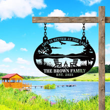 Custom metal lake sign with Adirondack chairs and campfire, personalized family name and established year, laser cut outdoor wall decor