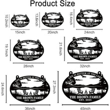 Custom metal lake sign with Adirondack chairs and campfire, personalized family name and established year, laser cut outdoor wall decor