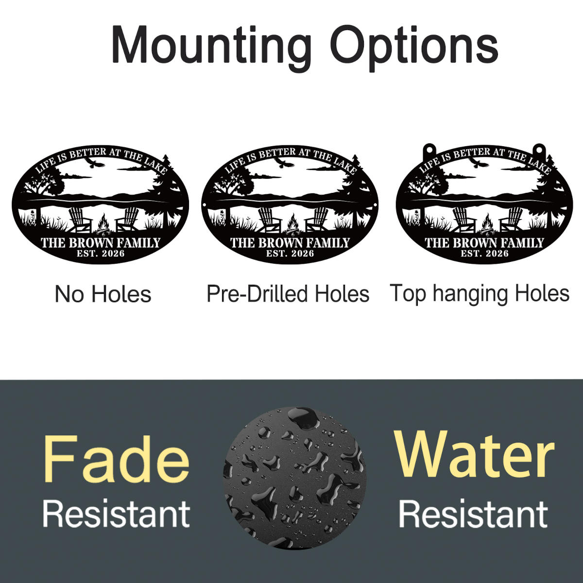 Black laser-cut steel oval lake sign reading "Life is Better at the Lake" with soaring eagle, lake scene, Adirondack chairs, campfire, and pine trees, personalized with "The Brown Family" and EST 2026 — custom lake house metal wall art