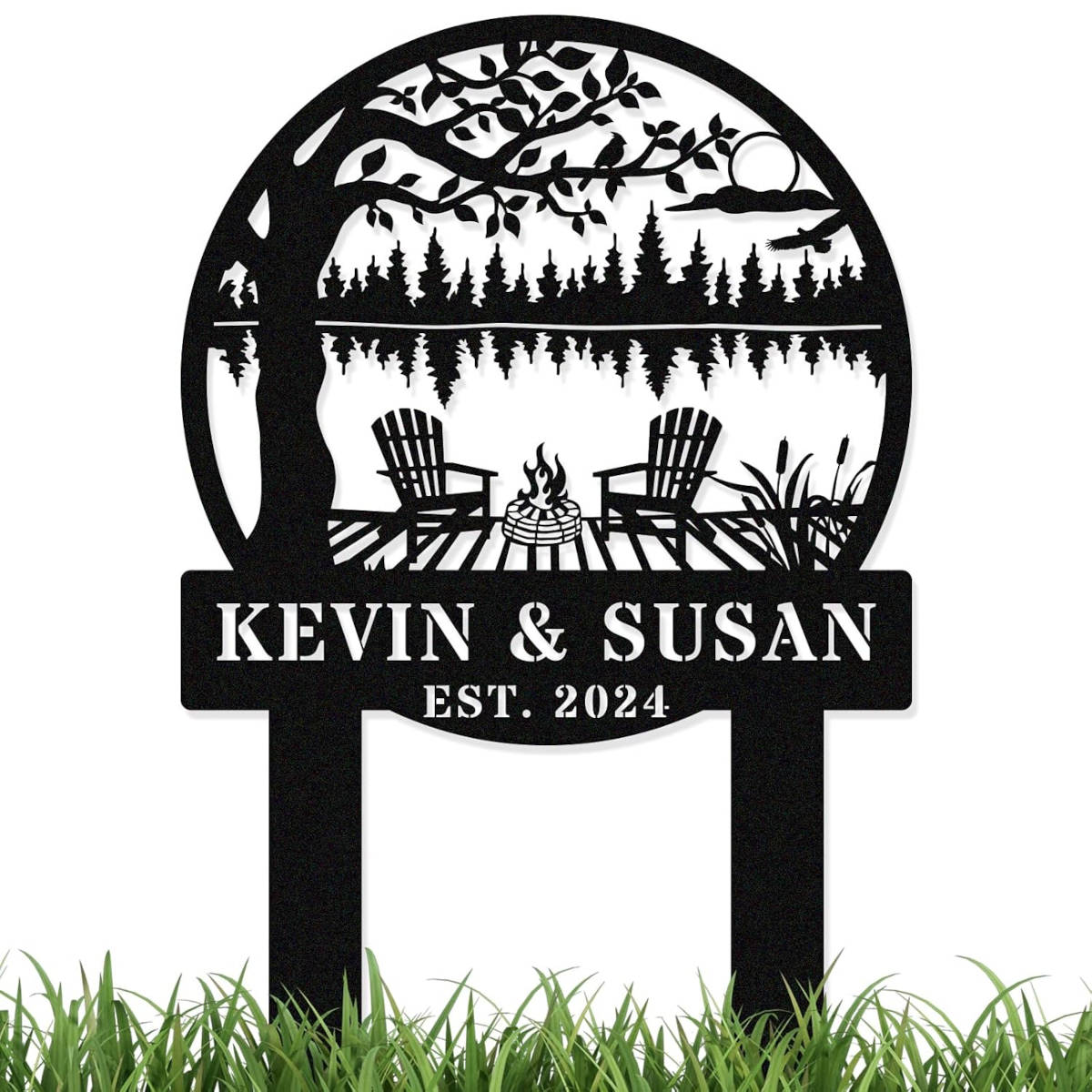 personalized lake firepit metal yard sign with adirondack chairs custom names est year cabin outdoor garden stake decor Main image