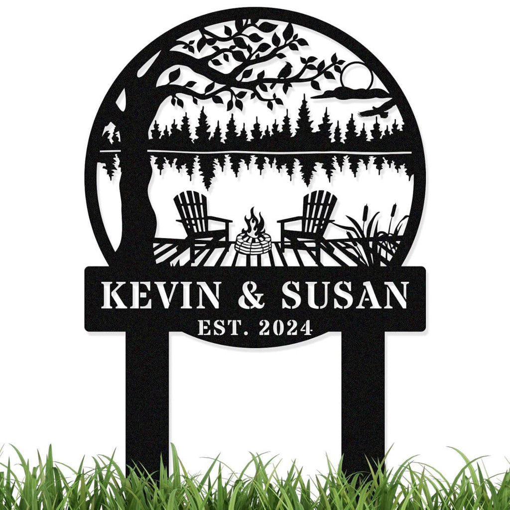 personalized lake firepit metal yard sign with adirondack chairs custom names est year cabin outdoor garden stake decor