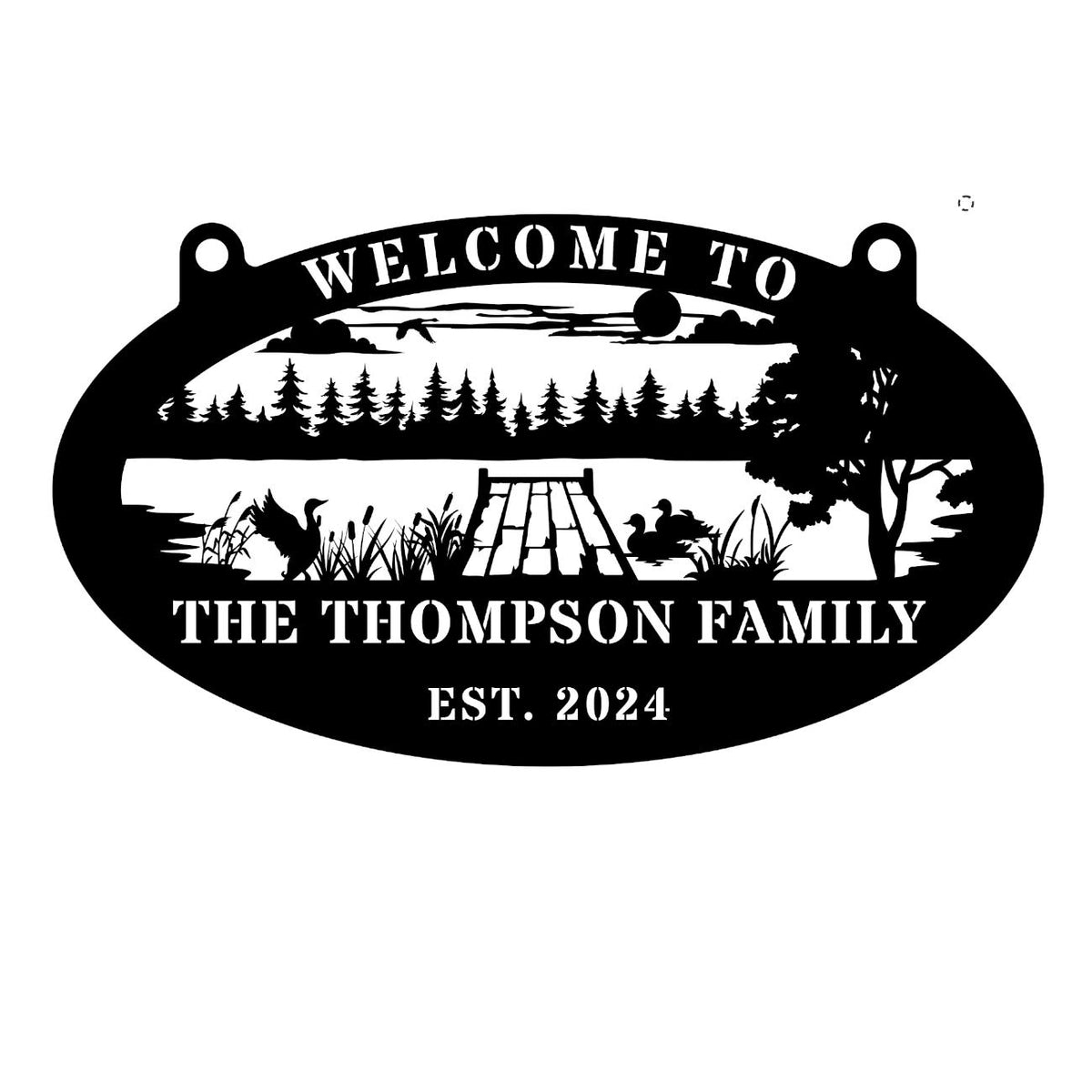 Custom lake house metal sign with dock, ducks, trees, and personalized family name – perfect outdoor decor for cabins or waterfront homes. Main image