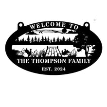 Custom lake house metal sign with dock, ducks, trees, and personalized family name – perfect outdoor decor for cabins or waterfront homes.