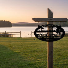 Custom lake house metal sign with dock, ducks, trees, and personalized family name – perfect outdoor decor for cabins or waterfront homes.
