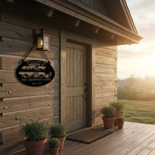 Custom lake house metal sign with dock, ducks, trees, and personalized family name – perfect outdoor decor for cabins or waterfront homes.