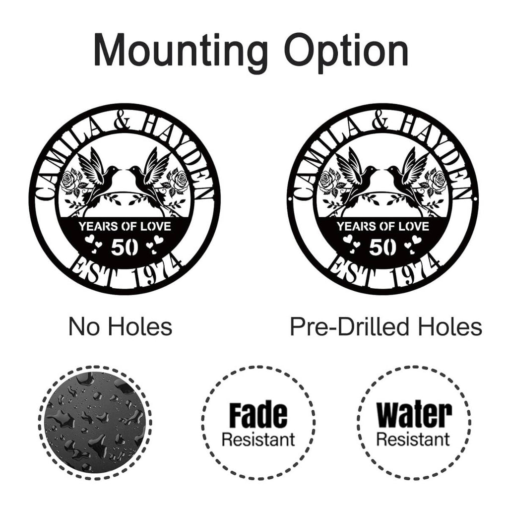 Comparison of no-hole and side-hole mounting options for a personalized anniversary metal sign.