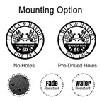 Comparison of no-hole and side-hole mounting options for a personalized anniversary metal sign.