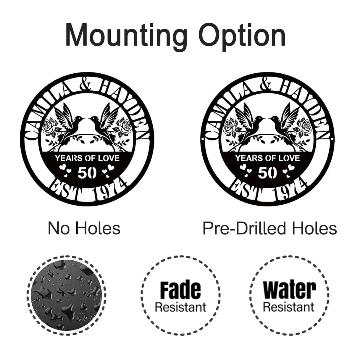 Comparison of no-hole and side-hole mounting options for a personalized anniversary metal sign.