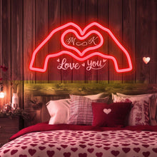 Custom love neon sign with personalized initials inside heart hands design, pink LED neon wall light for romantic bedroom or wedding decor