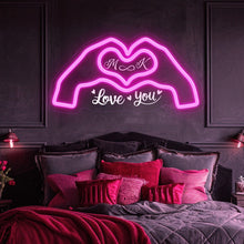 Custom love neon sign with personalized initials inside heart hands design, pink LED neon wall light for romantic bedroom or wedding decor