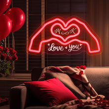 Custom love neon sign with personalized initials inside heart hands design, pink LED neon wall light for romantic bedroom or wedding decor