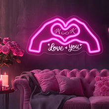 Custom love neon sign with personalized initials inside heart hands design, pink LED neon wall light for romantic bedroom or wedding decor