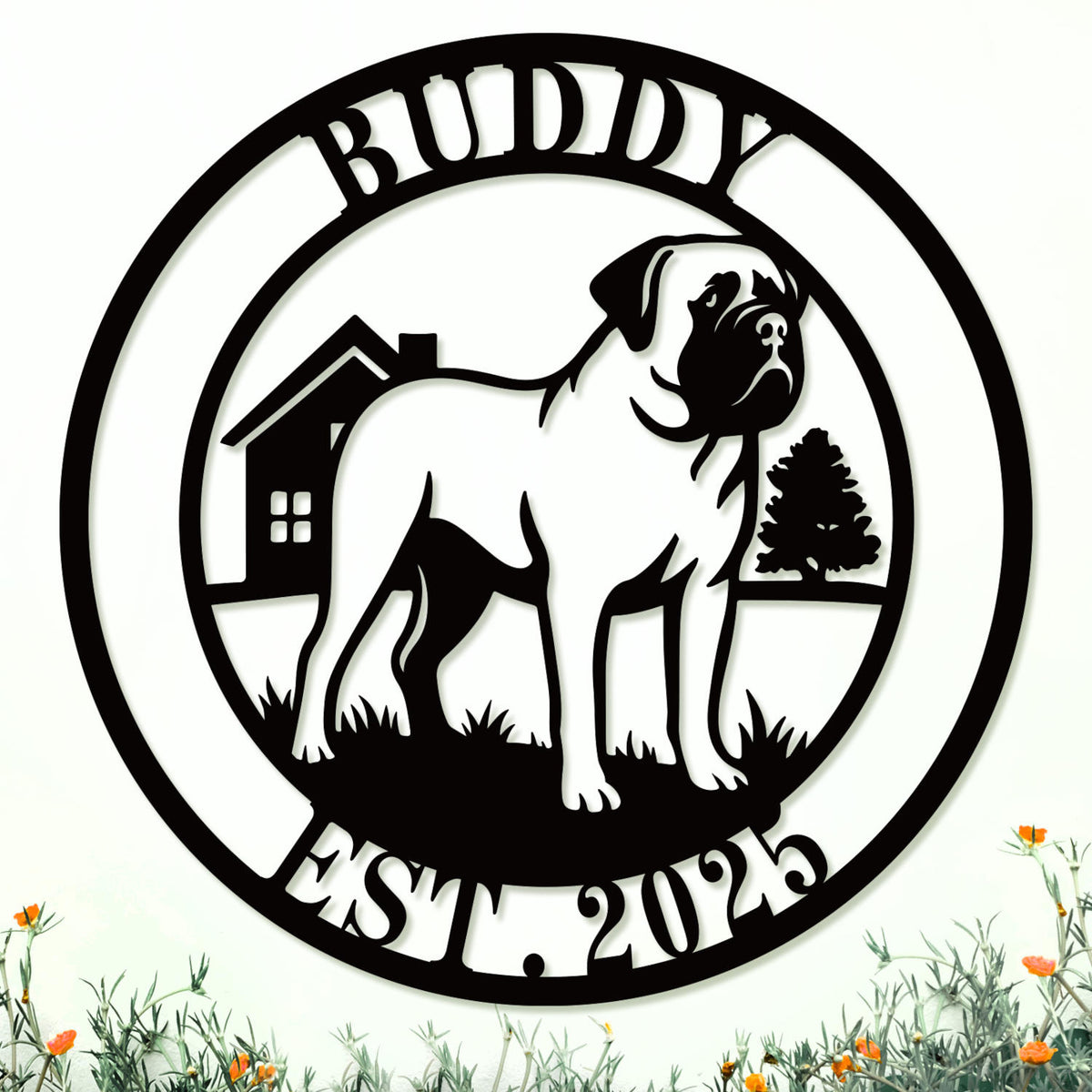 Custom metal Mastiff dog sign with house and tree background – personalized steel wall art with pet name and year, for outdoor or indoor display Main image