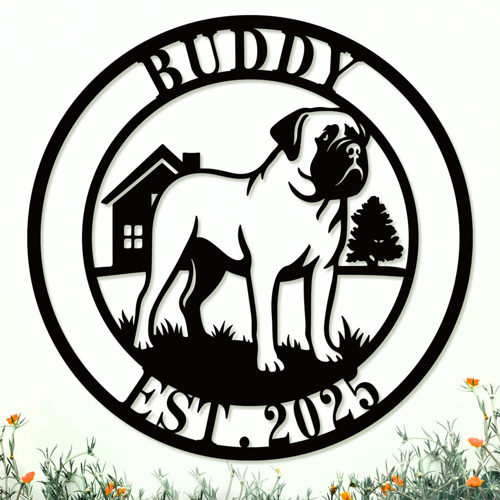 Custom metal Mastiff dog sign with house and tree background – personalized steel wall art with pet name and year, for outdoor or indoor display
