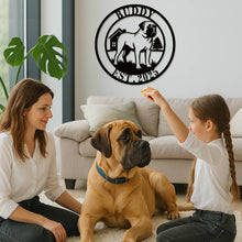 Custom metal Mastiff dog sign with house and tree background – personalized steel wall art with pet name and year, for outdoor or indoor display