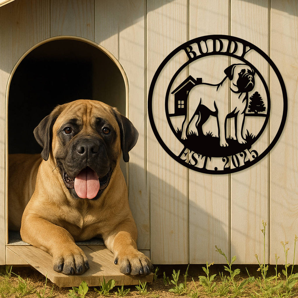 Custom metal Mastiff dog sign with house and tree background – personalized steel wall art with pet name and year, for outdoor or indoor display
