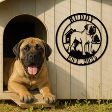 Custom metal Mastiff dog sign with house and tree background – personalized steel wall art with pet name and year, for outdoor or indoor display