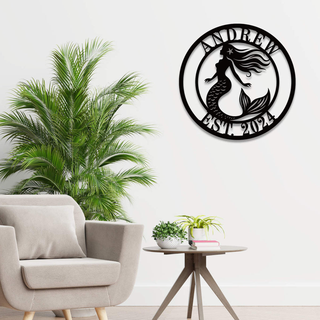 Personalized round mermaid metal sign with flowing hair, featuring custom name and EST. year, laser-cut from steel with powder-coated finish.
