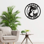 Personalized round mermaid metal sign with flowing hair, featuring custom name and EST. year, laser-cut from steel with powder-coated finish.