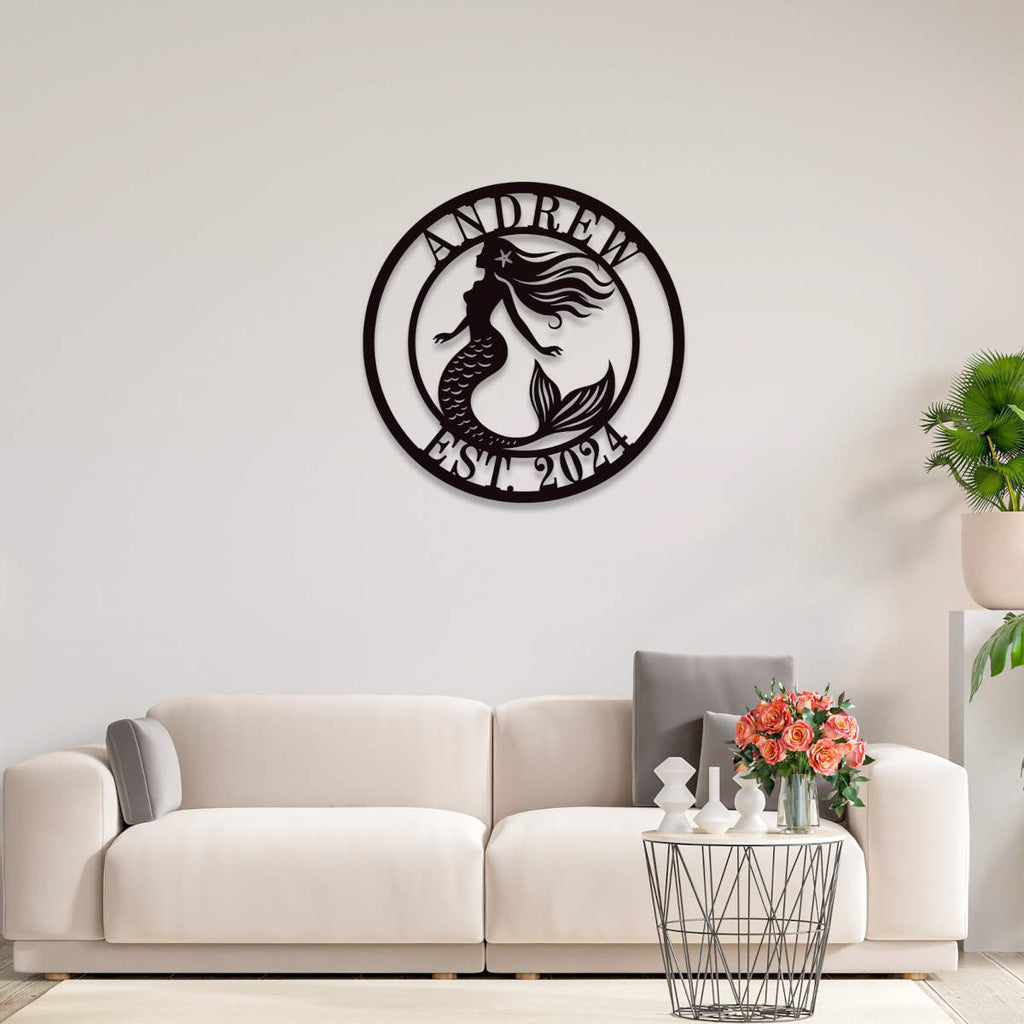 Personalized round mermaid metal sign with flowing hair, featuring custom name and EST. year, laser-cut from steel with powder-coated finish.