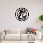 Personalized round mermaid metal sign with flowing hair, featuring custom name and EST. year, laser-cut from steel with powder-coated finish.