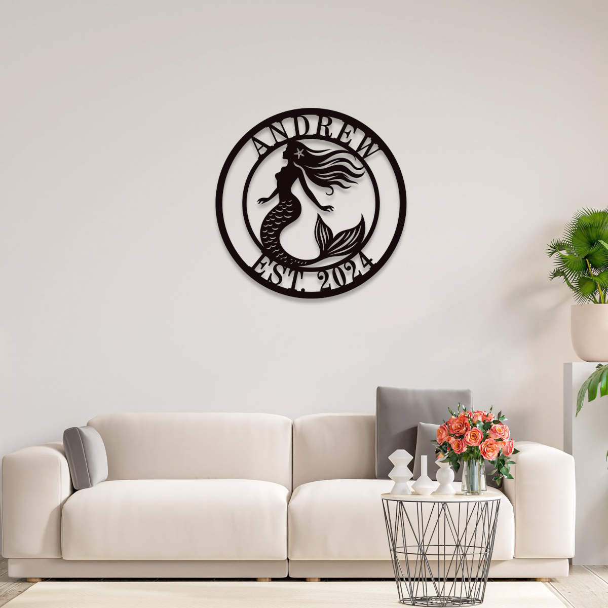 Personalized round mermaid metal sign with flowing hair, featuring custom name and EST. year, laser-cut from steel with powder-coated finish.