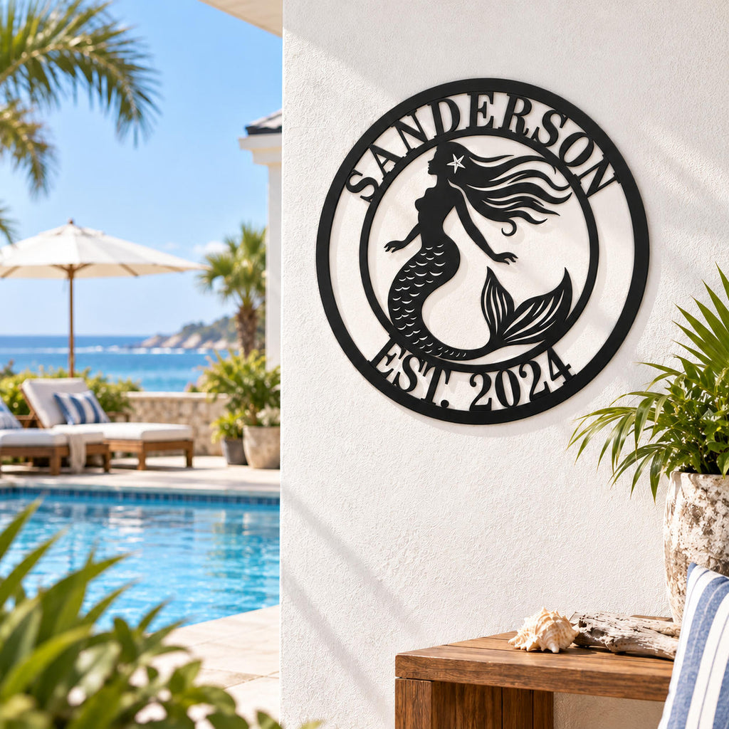 Custom mermaid metal sign mounted on a white wall beside a coastal swimming pool.