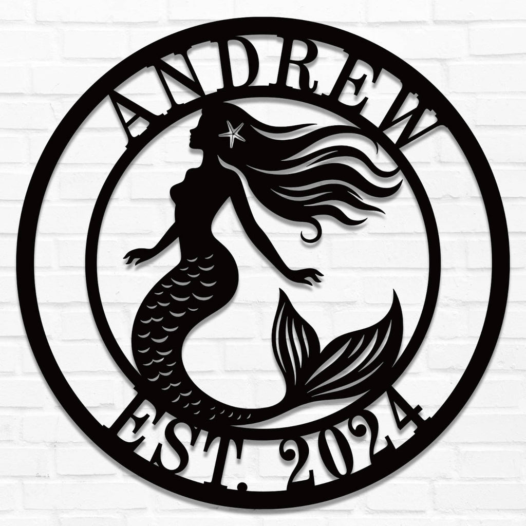 Personalized round mermaid metal sign with flowing hair, featuring custom name and EST. year, laser-cut from steel with powder-coated finish.