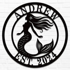 Personalized round mermaid metal sign with flowing hair, featuring custom name and EST. year, laser-cut from steel with powder-coated finish.