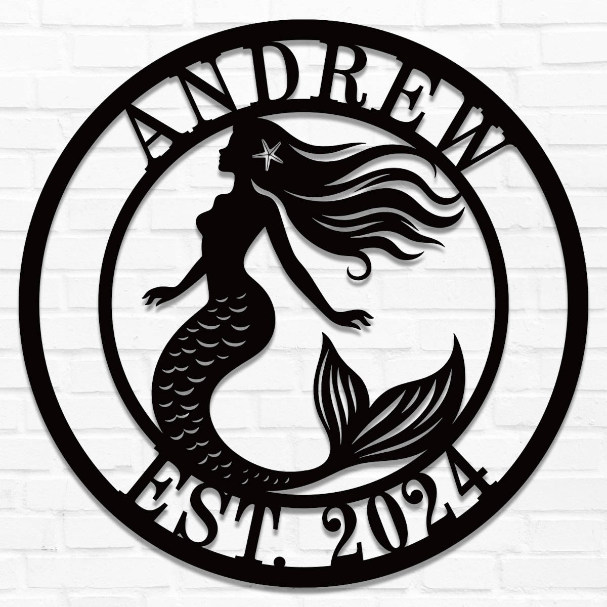Personalized round mermaid metal sign with flowing hair, featuring custom name and EST. year, laser-cut from steel with powder-coated finish.
