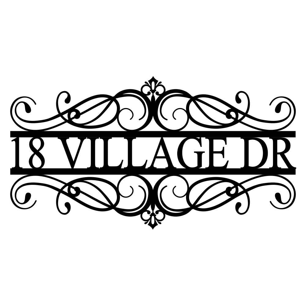 A black metal custom address sign with a scroll design and personalized address '18 Village Dr' displayed prominently.