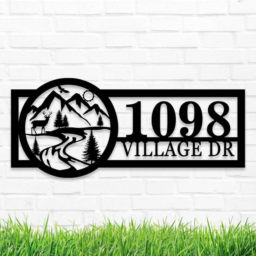 Custom mountain metal address sign with personalized house number and street name, laser-cut steel outdoor wall decor