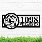 Custom mountain metal address sign with personalized house number and street name, laser-cut steel outdoor wall decor