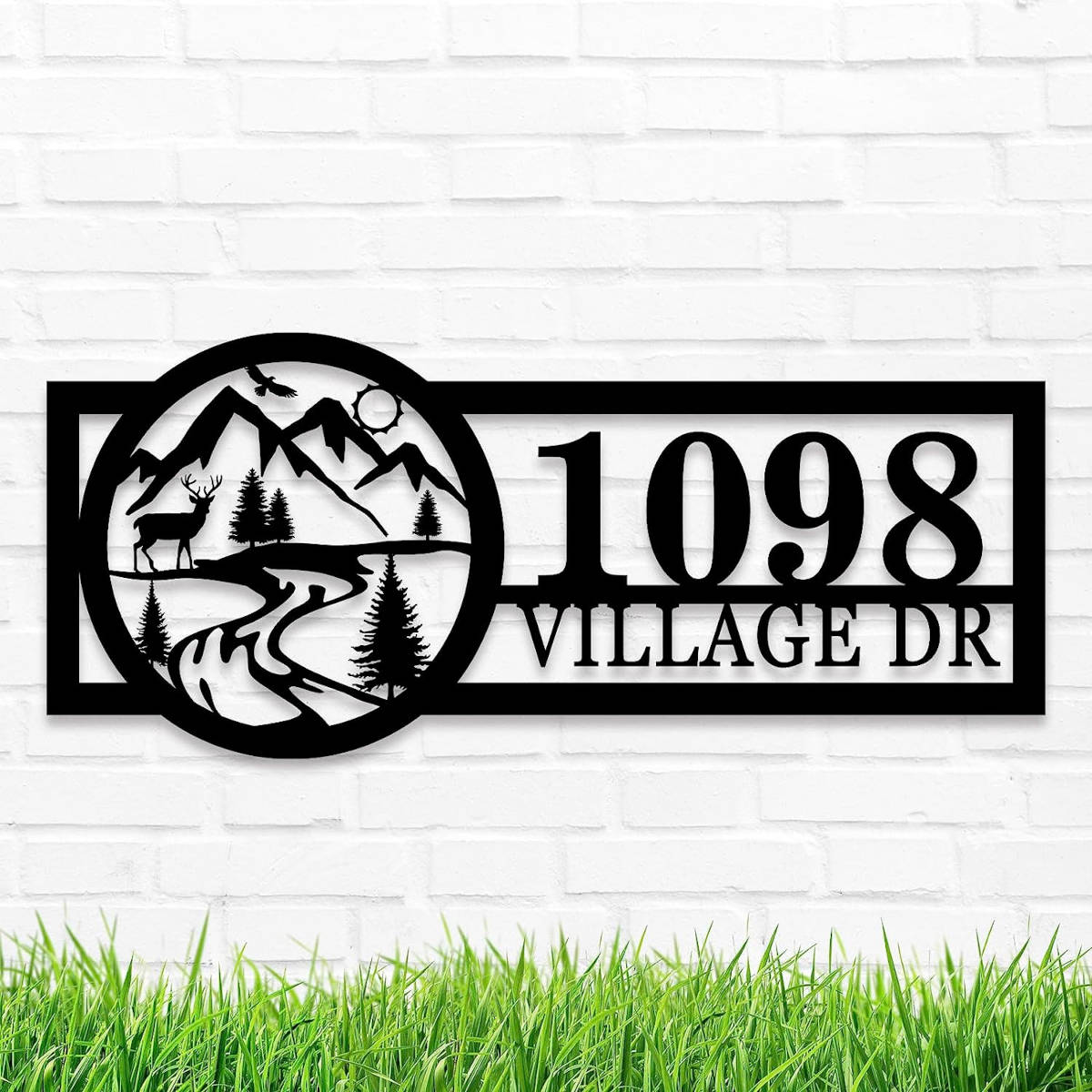 Custom mountain metal address sign with personalized house number and street name, laser-cut steel outdoor wall decor