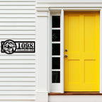Custom mountain metal address sign with personalized house number and street name, laser-cut steel outdoor wall decor