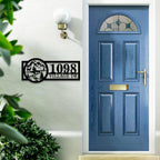 Custom mountain metal address sign with personalized house number and street name, laser-cut steel outdoor wall decor