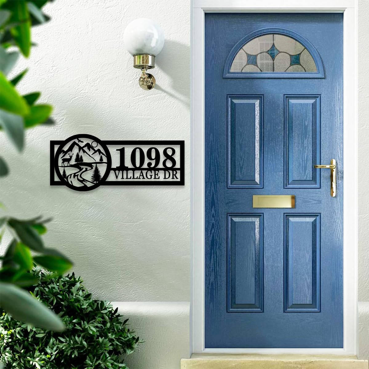 Custom mountain metal address sign with personalized house number and street name, laser-cut steel outdoor wall decor