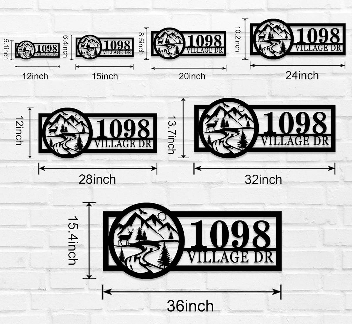 Custom mountain metal address sign with personalized house number and street name, laser-cut steel outdoor wall decor