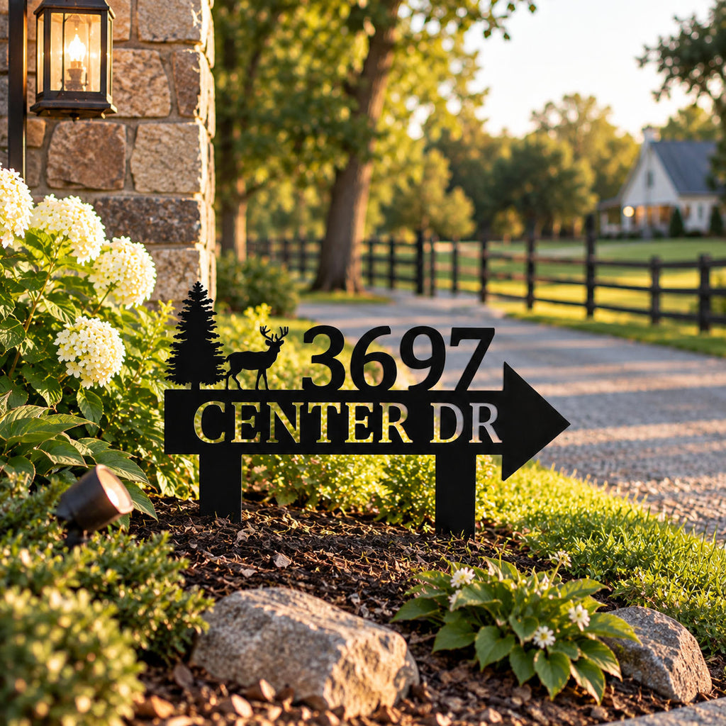 Custom metal address sign with house number and street name displayed beside a landscaped residential driveway.