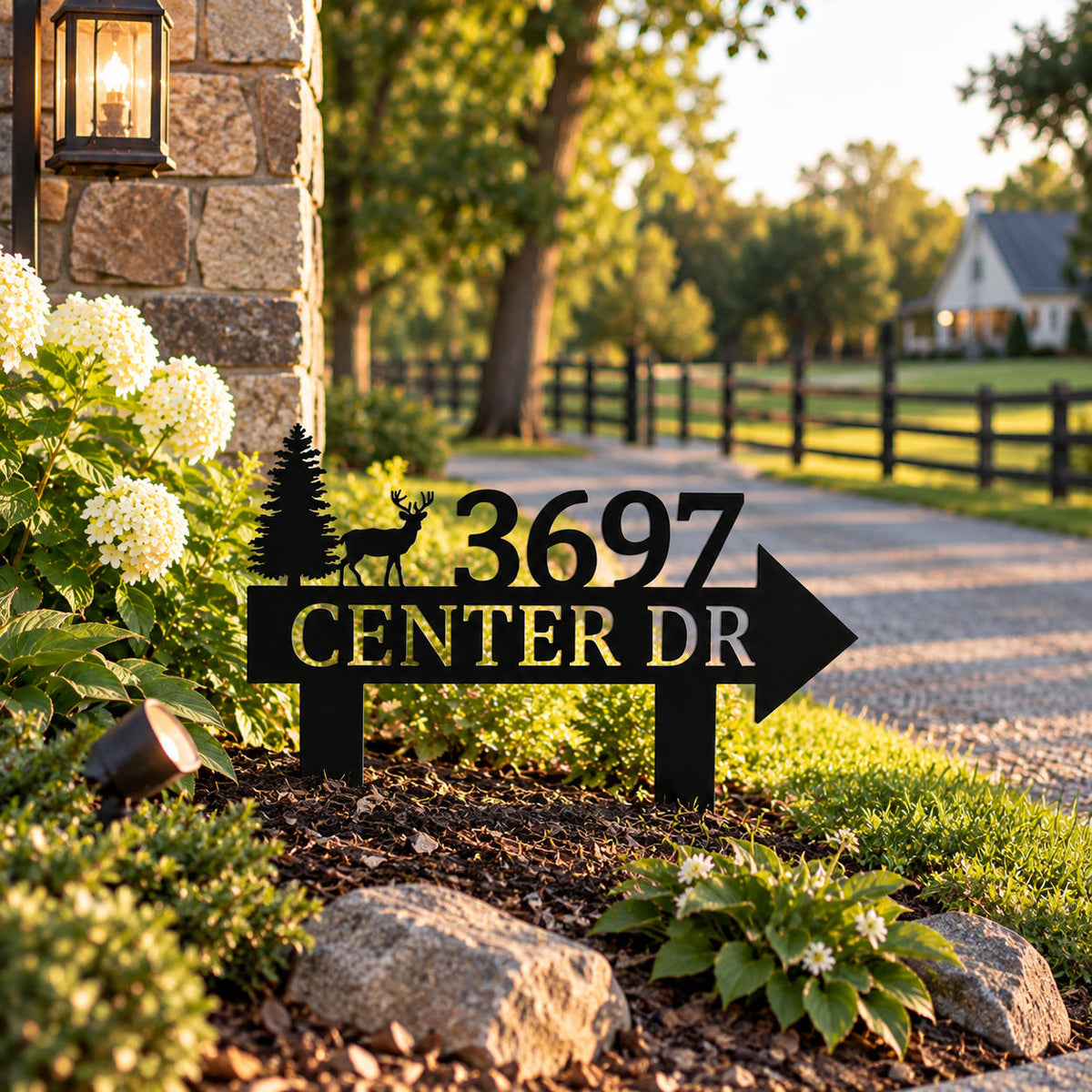 Custom metal address sign with house number and street name displayed beside a landscaped residential driveway.