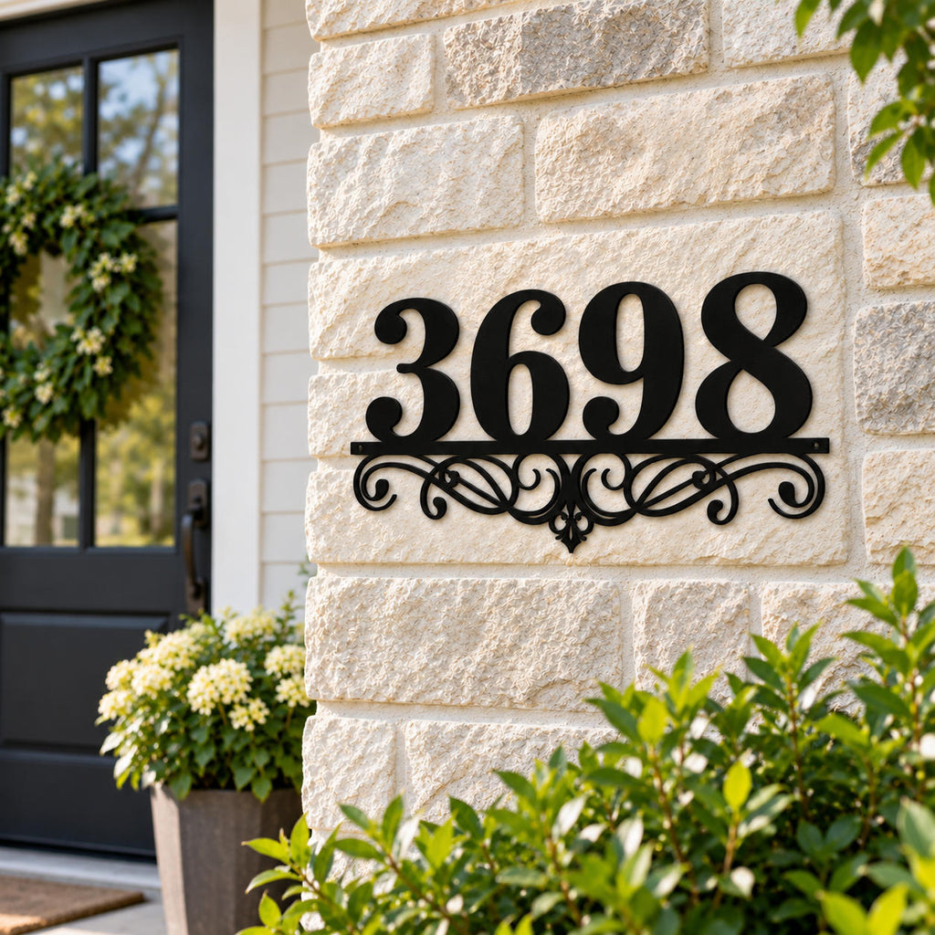 Custom black metal address sign with ornate scrollwork mounted on a light stone exterior wall.