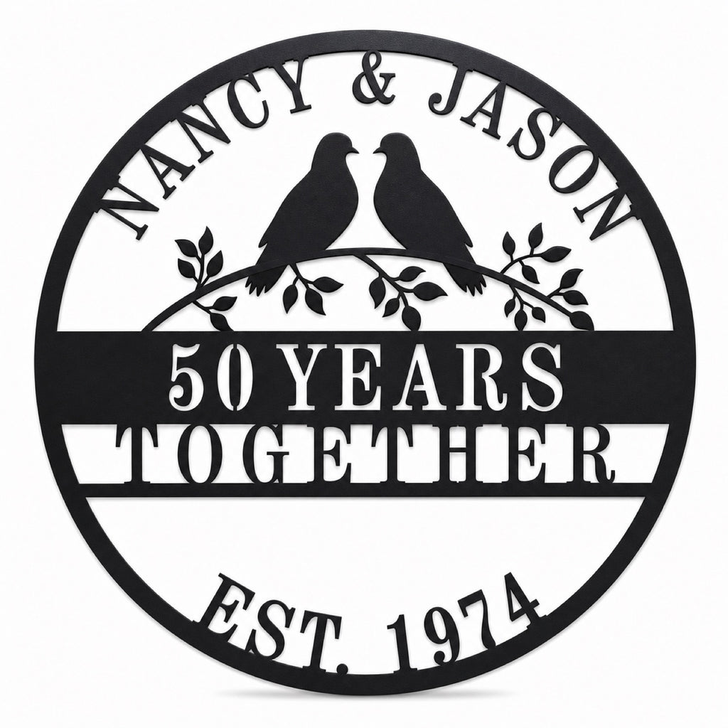 Custom round metal anniversary sign with two lovebirds on branches, personalized with names, years together, and established date.